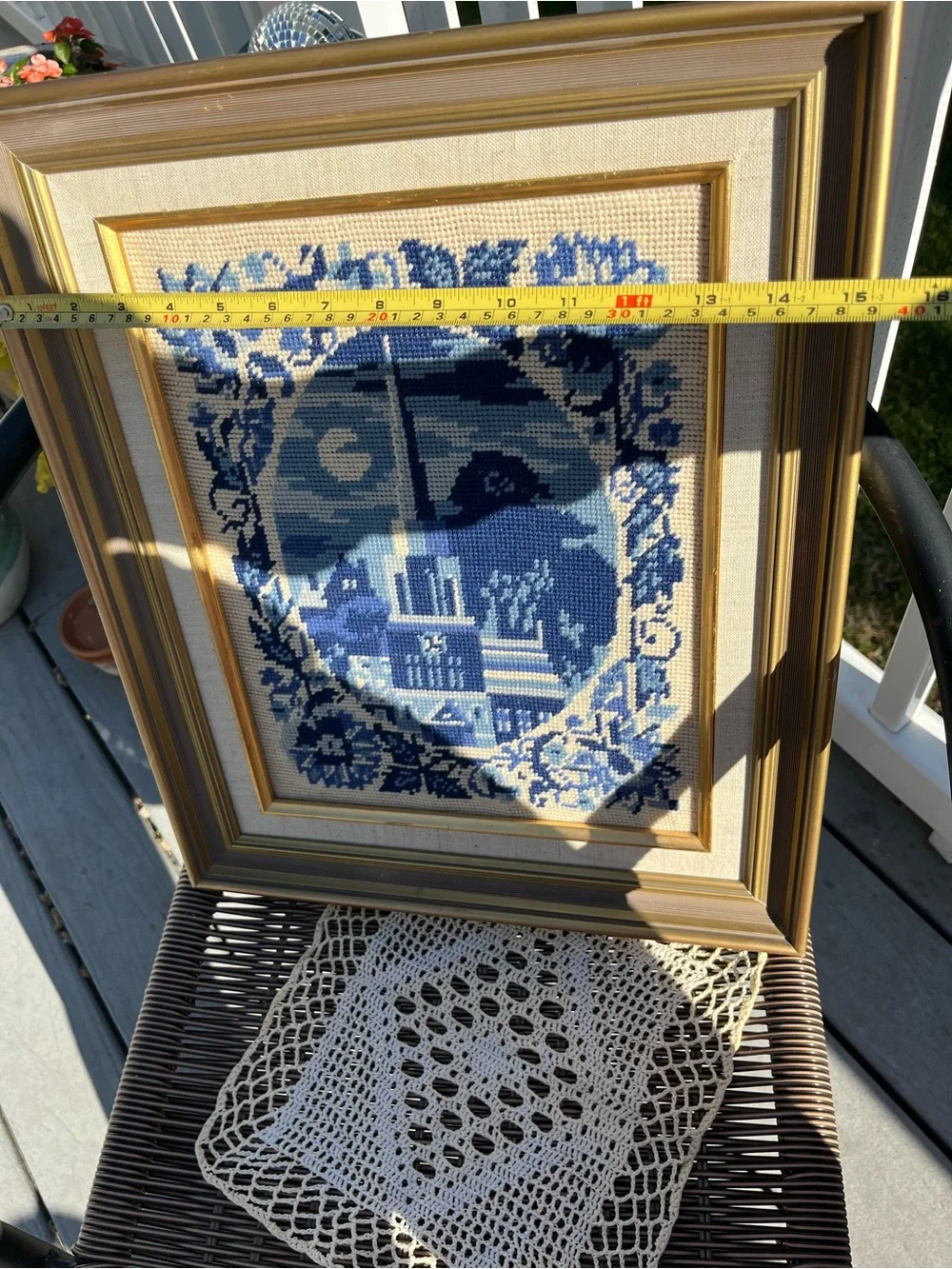 Vintage Gold Framed Blue and White Needlepoint Village Scene